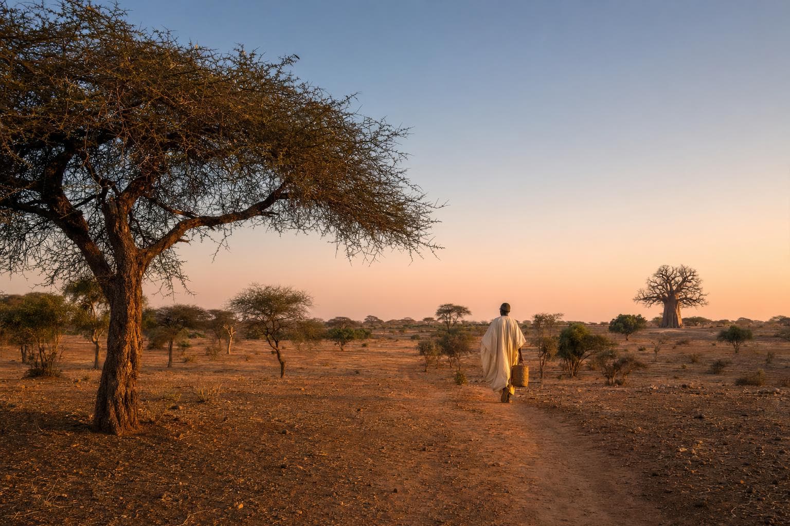 Paysage de la savane sénégalaise au coucher du soleil avec acacia et baobab